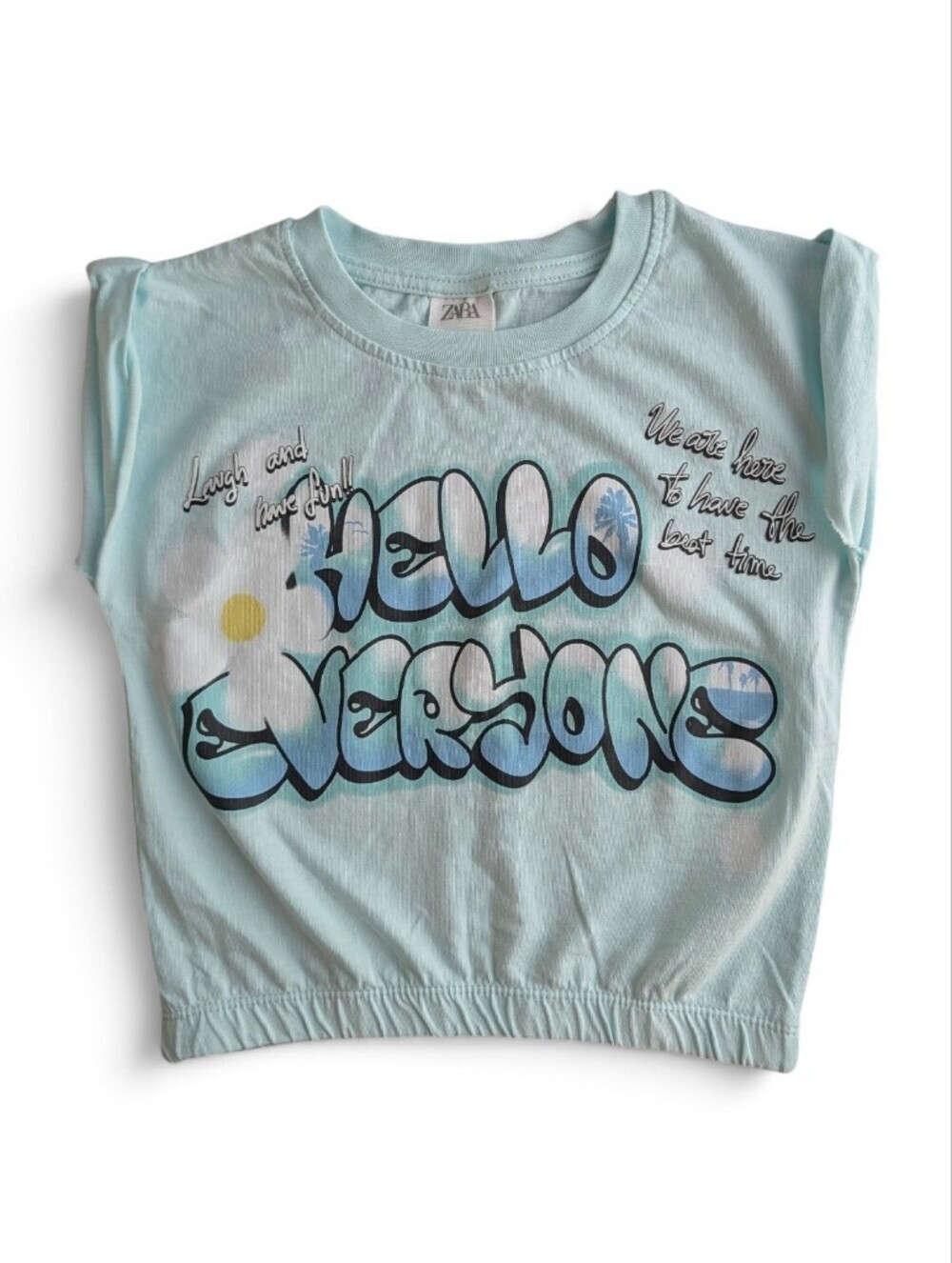 Zara Girls Light Blue Graphic 'Hello Everyone' Cropped Tee Size 8-9